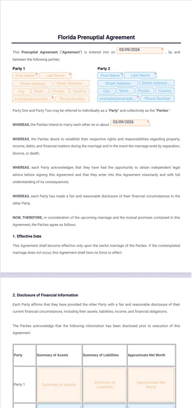 Florida Prenuptial Agreement Template