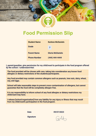 Food Permission Slip Template - PDF Templates