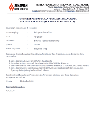 Form Pendaftaran Pengkinidan Data Anggota SEKAWAN Template PDF