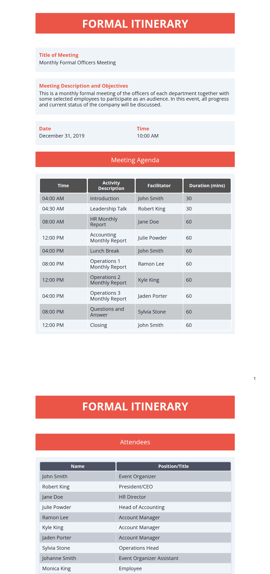 Formal Itinerary Template - PDF Templates | Jotform