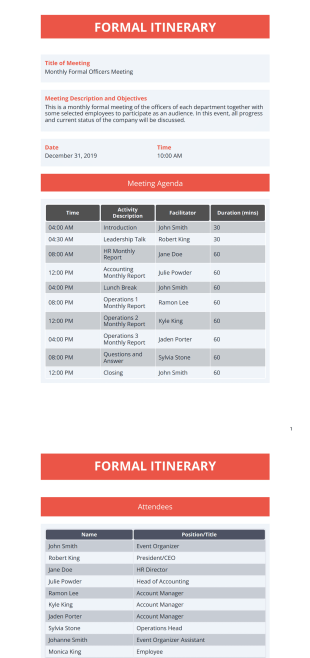 Formal Itinerary Template - PDF Templates