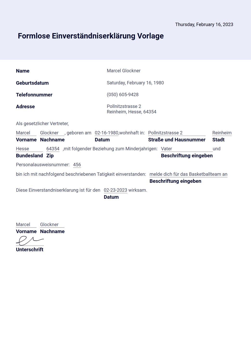 Stilvolle Formlose Einverstandniserklarung Vorlage Pdf Bild