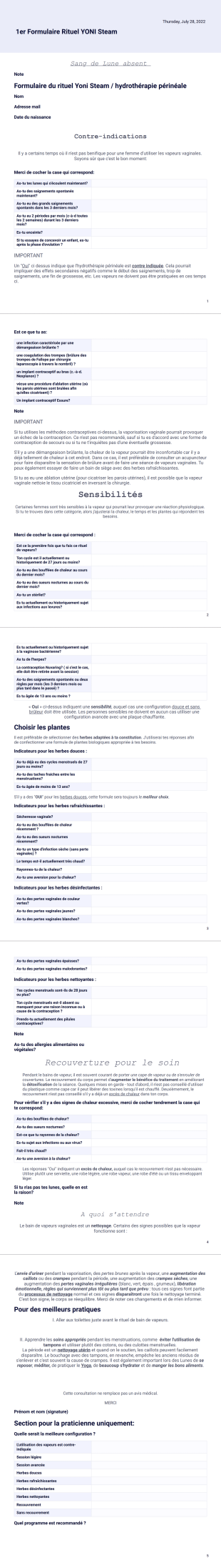 Formulaire d'admission par la facilitatrice en hydrothérapie périnéale - PDF Templates