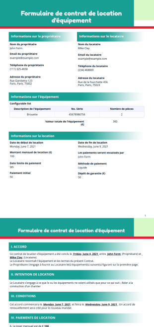 Formulaire de contrat de location d'équipement Modèle PDF