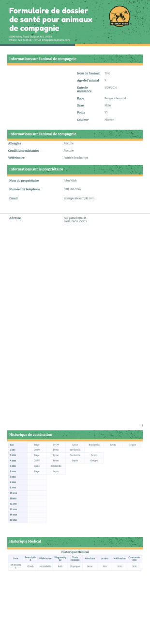 Formulaire de dossier de santé pour animaux de compagnie - PDF Templates