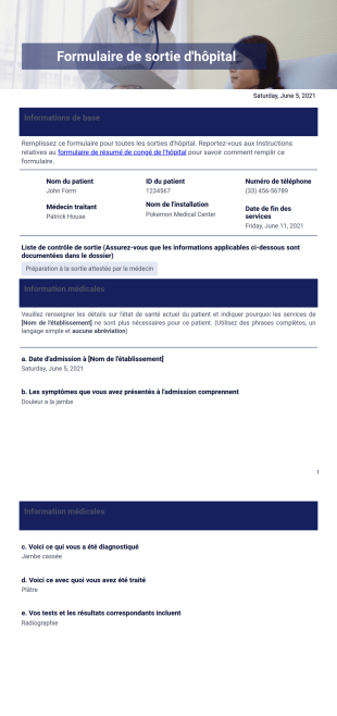 Formulaire de sortie d'hôpital Modèle PDF