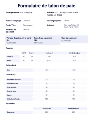 Formulaire de talon de paie Modèle PDF