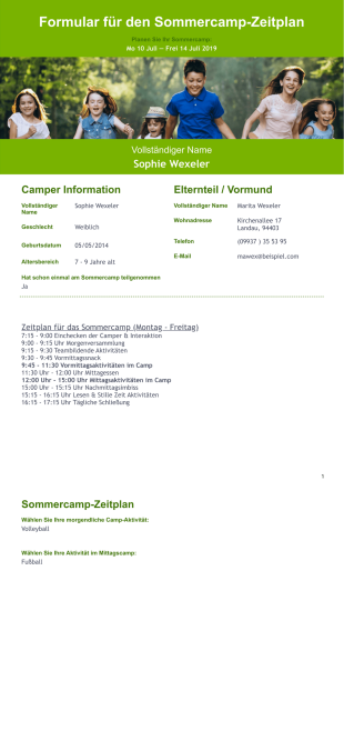 Formular für den Sommercamp-Zeitplan Vorlage - PDF Templates