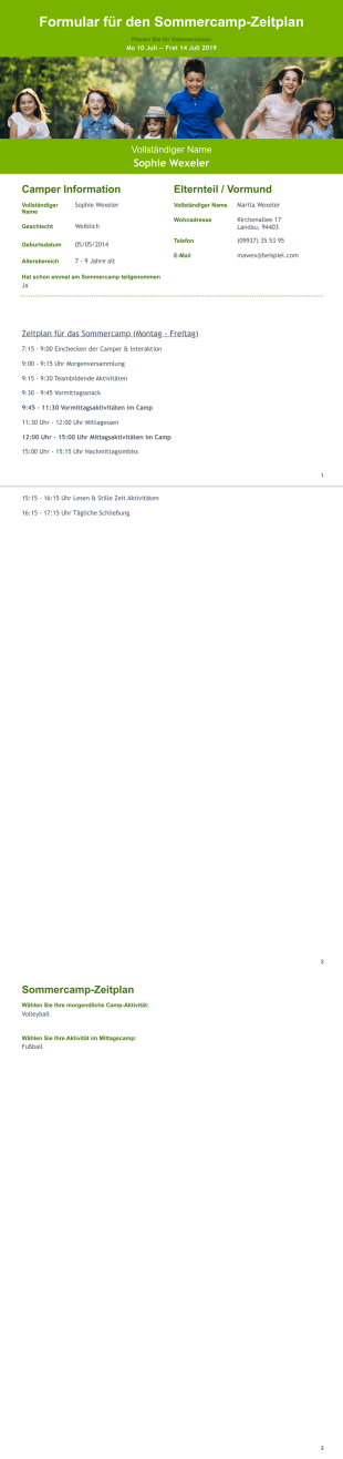 Formular für den Sommercamp-Zeitplan Vorlage - PDF Templates