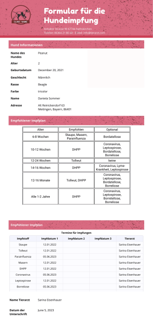 Formular für die Hundeompfung Vorlage - PDF Templates