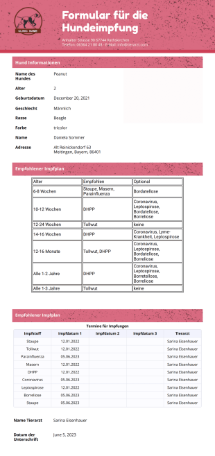 Formular für die Hundeompfung Vorlage - PDF Templates