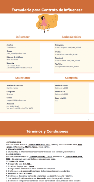 Formulario para contrato de influencer Plantilla PDF