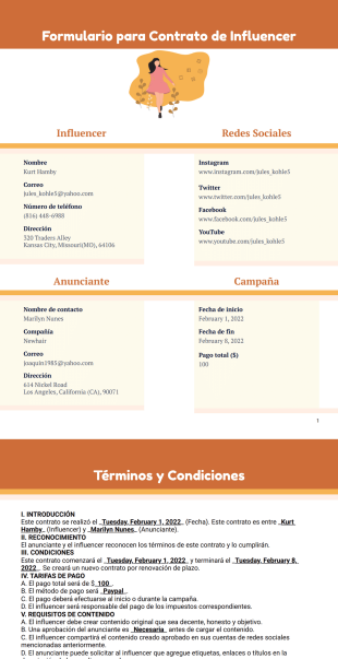Formulario para contrato de influencer - PDF Templates