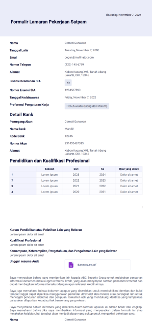Formulir Lamaran Pekerjaan Satpam Template PDF