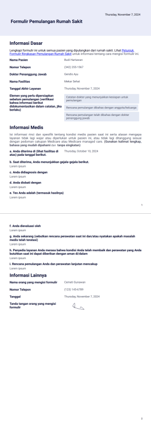 Formulir Pemulangan Rumah Sakit Template PDF