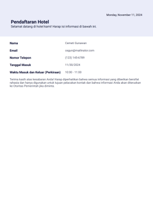 Formulir Pendaftaran Hotel Template PDF