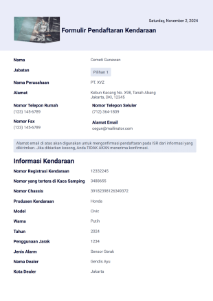 Formulir Pendaftaran Kendaraan Template PDF