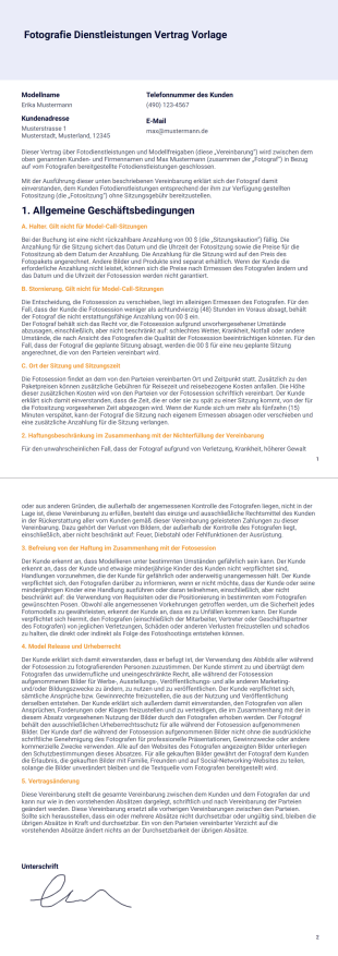 Fotografie Dienstleistungen Vertrag Vorlage - PDF Templates