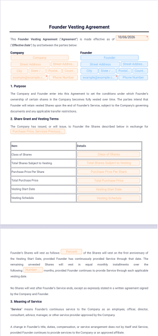 Founder Vesting Agreement Template - PDF Templates