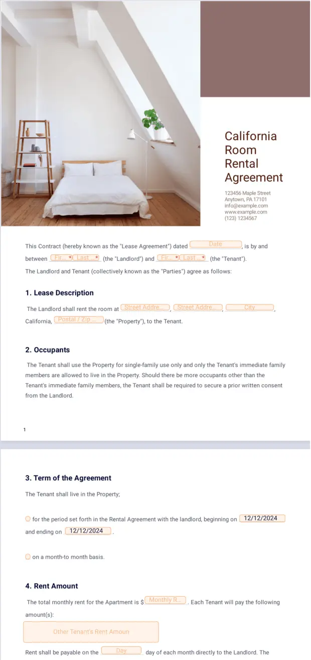 Free California Room Rental Agreement Template