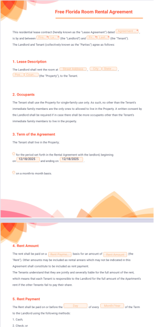 Free Florida Room Rental Agreement Template - PDF Templates