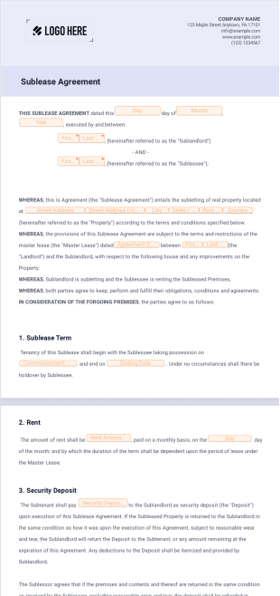 Free Sublease Agreement Template - PDF Templates