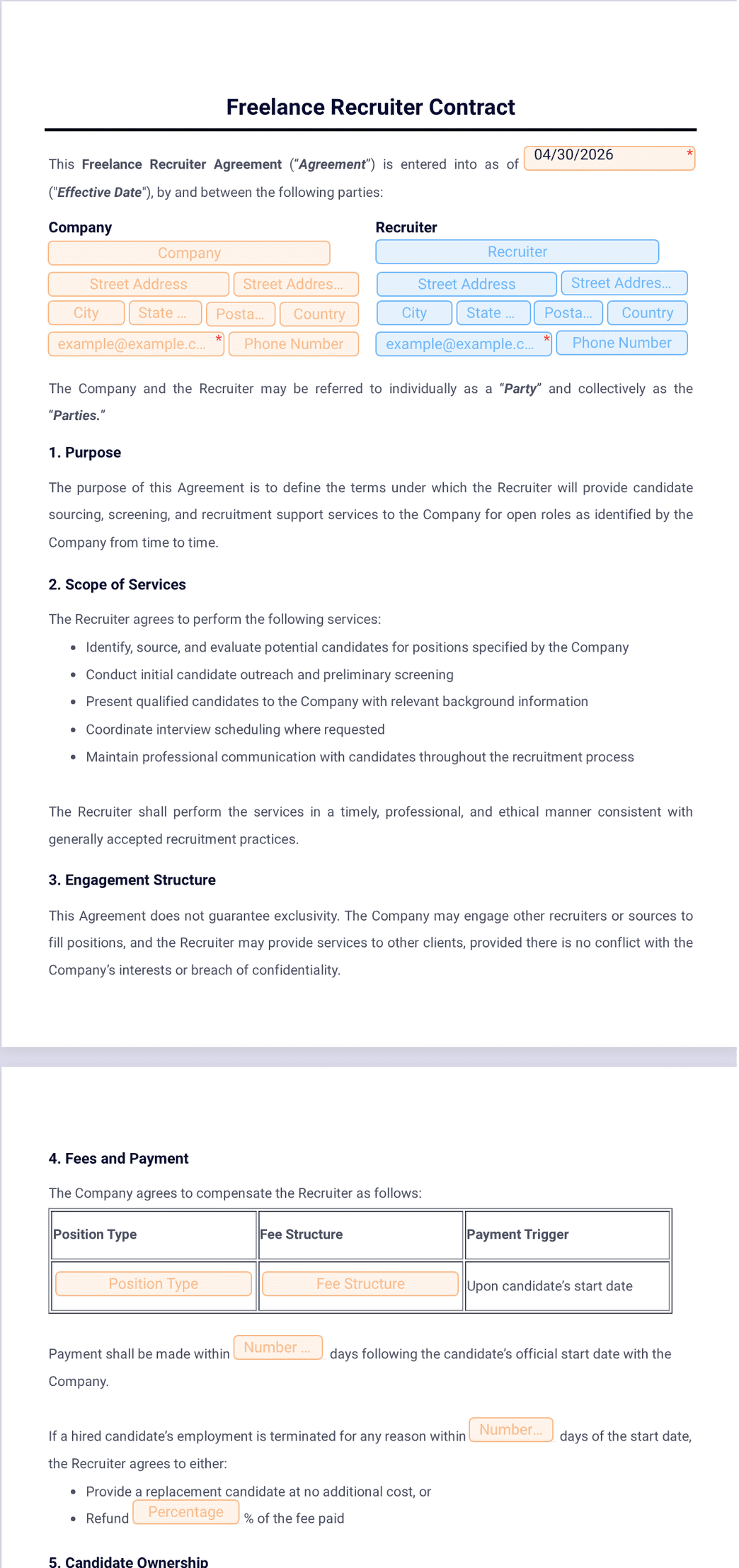Freelance Recruiter Contract Template - PDF Templates | Jotform