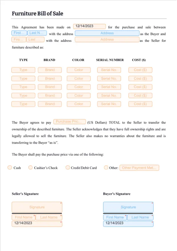 Furniture Bill of Sale