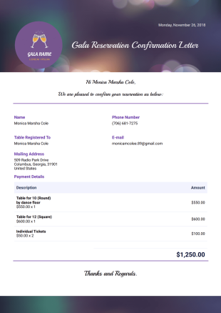 Gala Reservation Confirmation Letter PDF Template