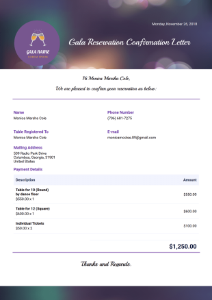 Gala Reservation Confirmation Letter PDF Template