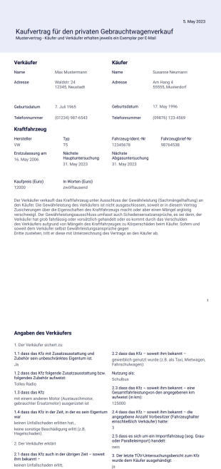 Gebrauchtwagen Kaufvertrag PDF-Vorlage