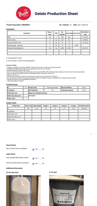 Gelato Production Sheet - PDF Templates