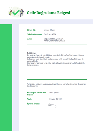 Gelir Doğrulama Belgesi Şablonu - PDF Templates