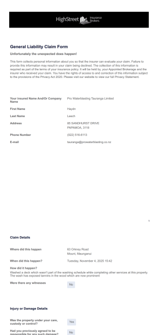 General Liability Claims Form PDF Template