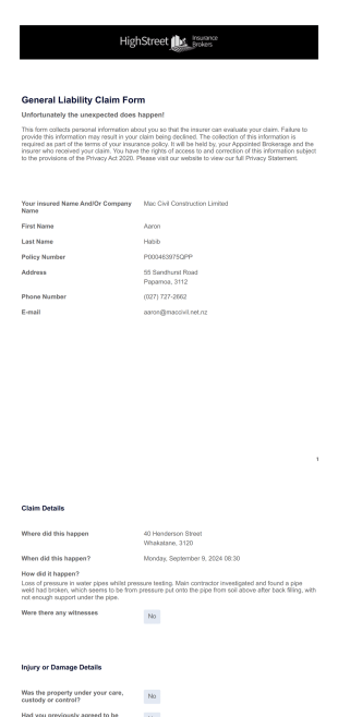 General Liability Claims Form - PDF Templates