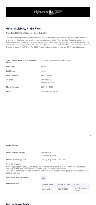 General Liability Claims Form PDF Template