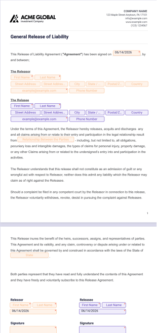 General Release of Liability Form PDF Template