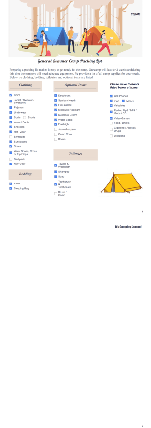General Summer Camp Packing List Template - PDF Templates