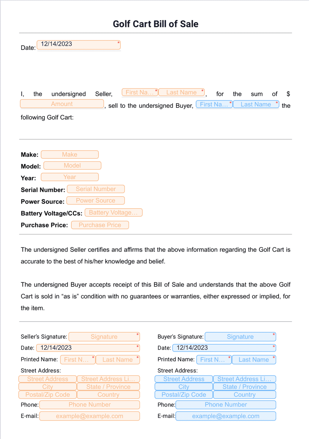 Golf Cart Bill of Sale PDF Template Jotform