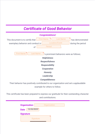 Good Behavior Certificate PDF Template