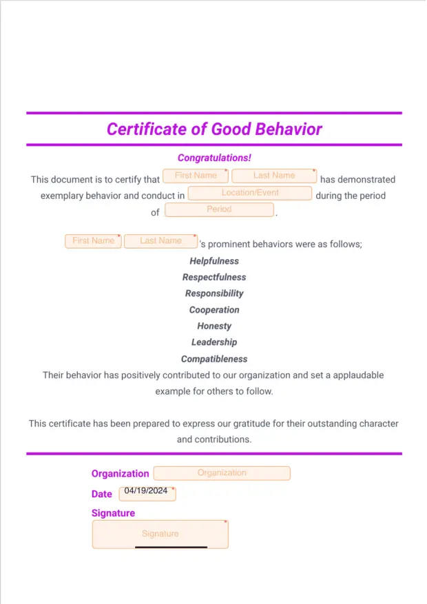 Good Behavior Certificate