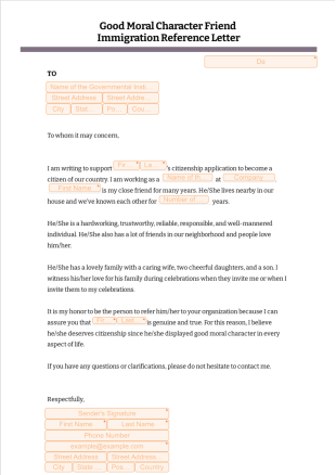 Good Moral Character Friend Immigration Reference Letter PDF Template