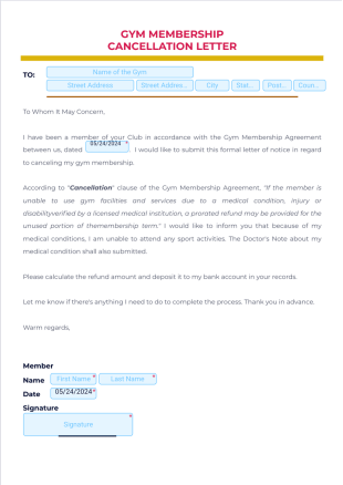 Gym Membership Cancellation Letter PDF Template