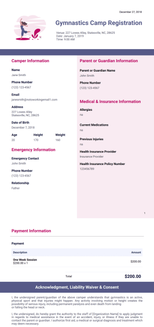 Gymnastics Camp Registration Template - PDF Templates