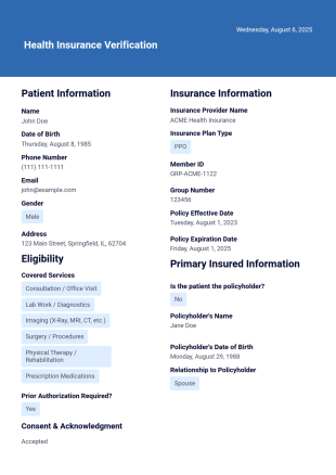 Health Insurance Verification Form Template - PDF Templates