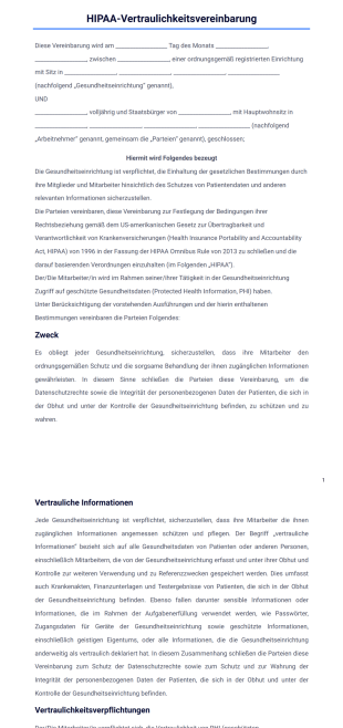HIPAA-Vertraulichkeitsvereinbaung PDF-Vorlage