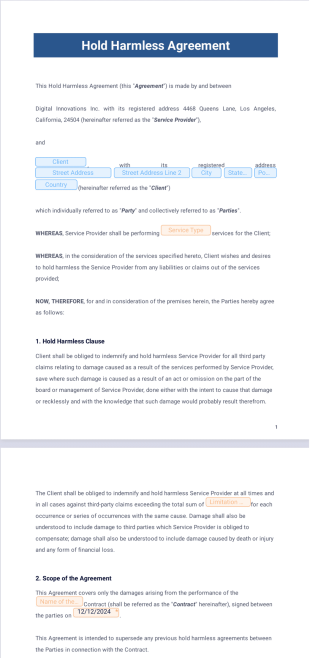 Hold Harmless Agreement PDF Template