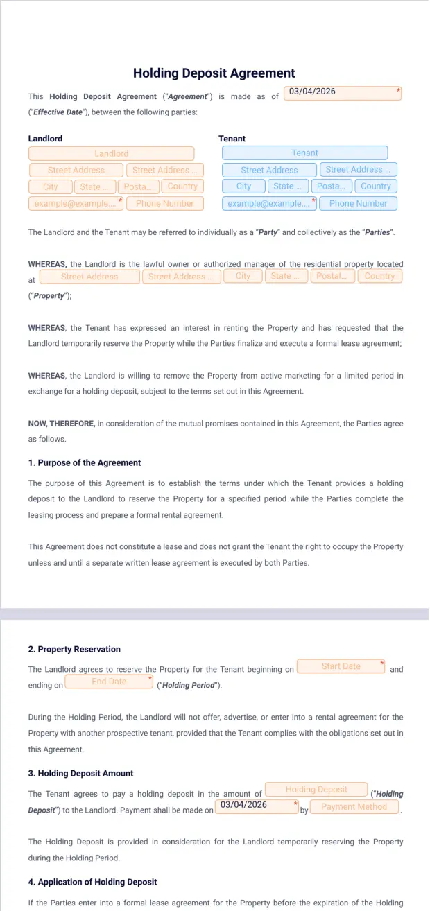 Holding Deposit Agreement Template