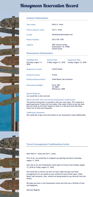 Honeymoon Reservation Record PDF Template