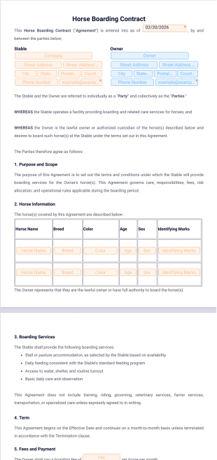 Horse Boarding Contract Template - Sign Templates